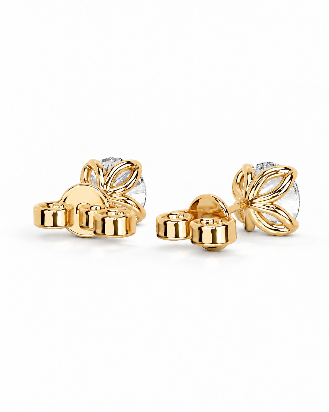 color_10K_YG, color_14K_YG &&A pair of gold floral stud earrings with clear faceted gemstones, shown from both front and side angles on a clean white background.