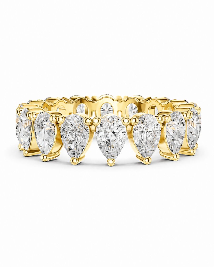 color_10K_YG, color_14K_YG &&A yellow gold eternity ring featuring a row of pear-cut diamonds in prong settings, shown on a clean white background.