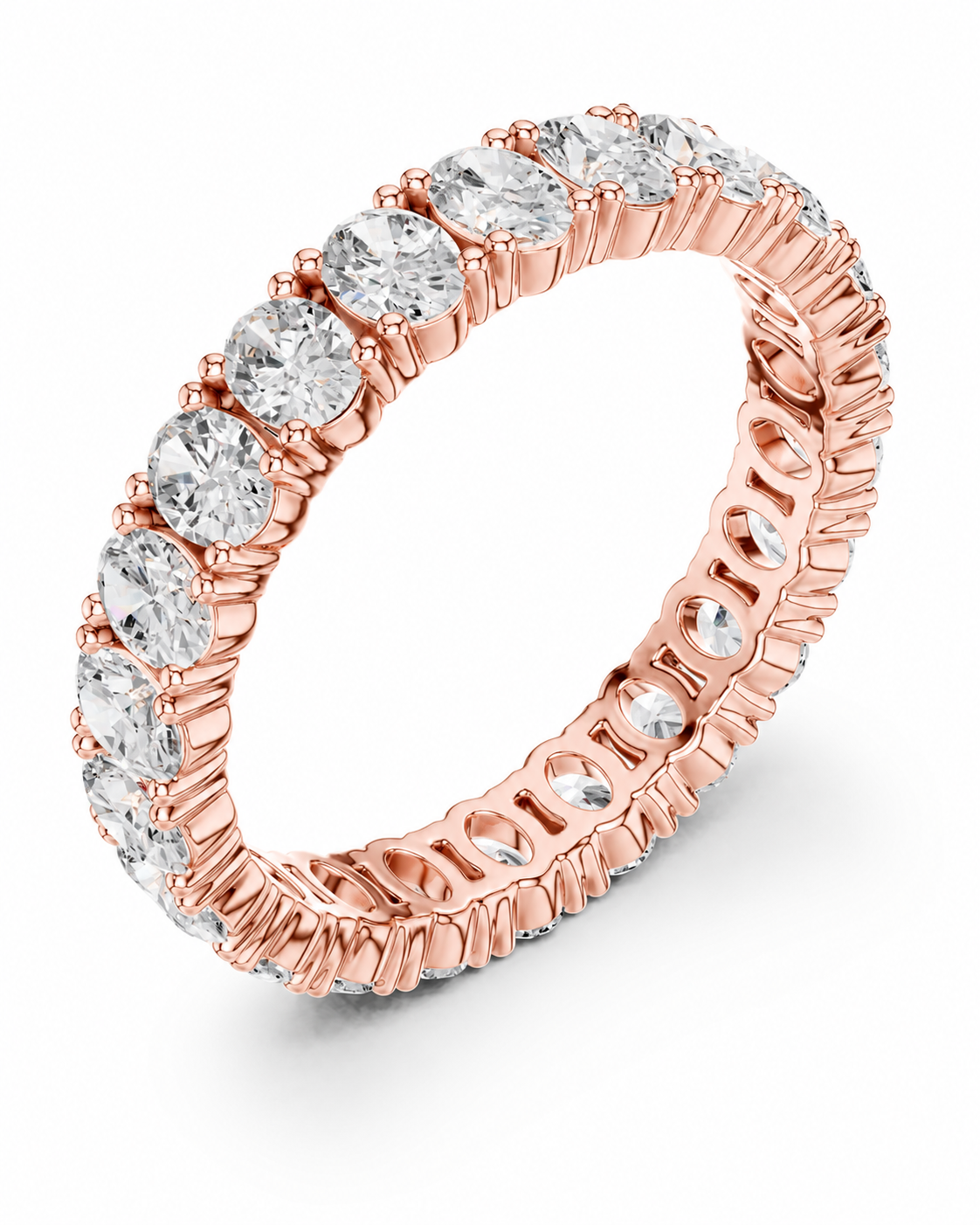 color_10K_RG, color_14K_RG &&A rose gold eternity ring featuring a continuous row of round brilliant-cut clear gemstones in a prong setting, shown on a clean white background.