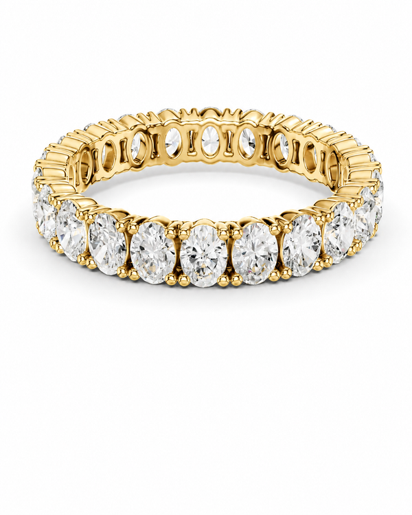 color_10K_YG, color_14K_YG &&A yellow gold eternity ring featuring a continuous row of oval-cut clear gemstones, shown on a clean white background.