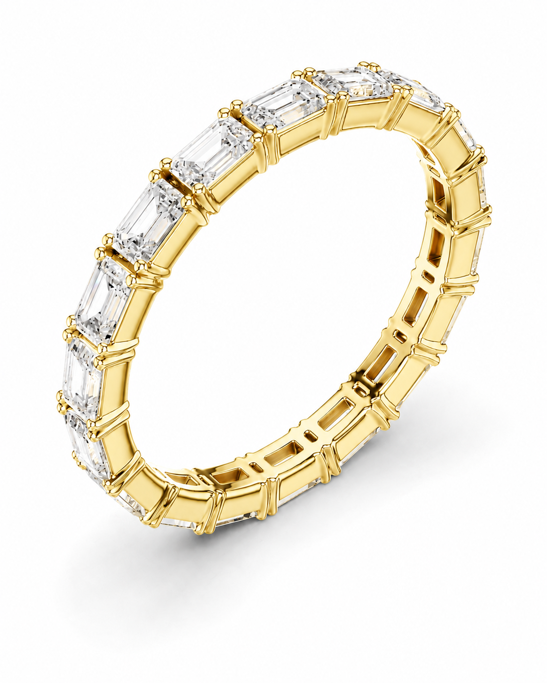 color_10K_YG, color_14K_YG &&A yellow gold eternity ring featuring a continuous row of baguette-cut clear gemstones in a prong setting, shown on a clean white background.