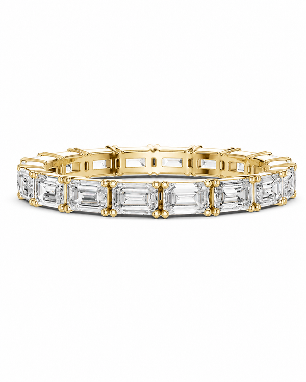 color_10K_YG, color_14K_YG &&A yellow gold eternity-style bracelet featuring a row of baguette-cut clear gemstones, shown against a plain white background.
