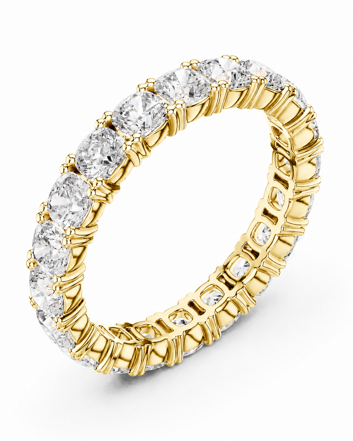 color_10K_YG, color_14K_YG &&A yellow gold eternity ring set with round brilliant-cut diamonds, shown on a clean white background.