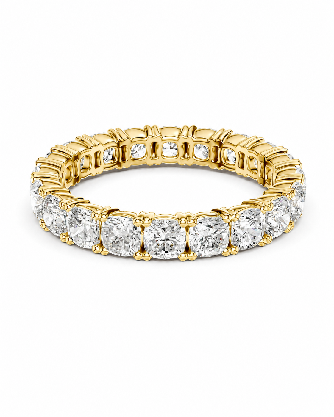 color_10K_YG, color_14K_YG &&A yellow gold eternity ring featuring a continuous row of round brilliant-cut diamonds in a prong setting, shown on a clean white background.