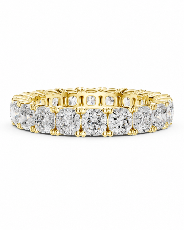 color_10K_YG, color_14K_YG &&A yellow gold eternity ring set with round brilliant-cut diamonds, shown on a clean white background.