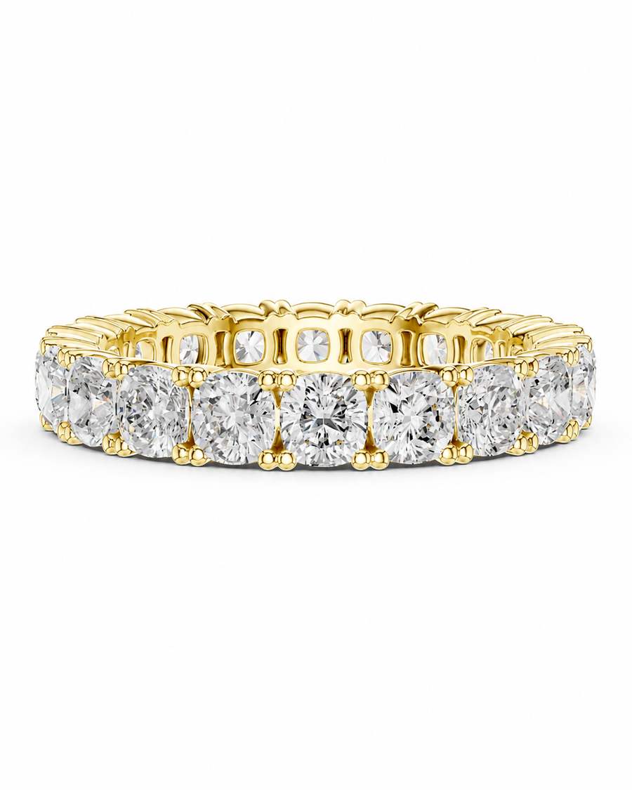 color_10K_YG, color_14K_YG &&A yellow gold eternity ring set with round brilliant-cut diamonds, shown on a clean white background.