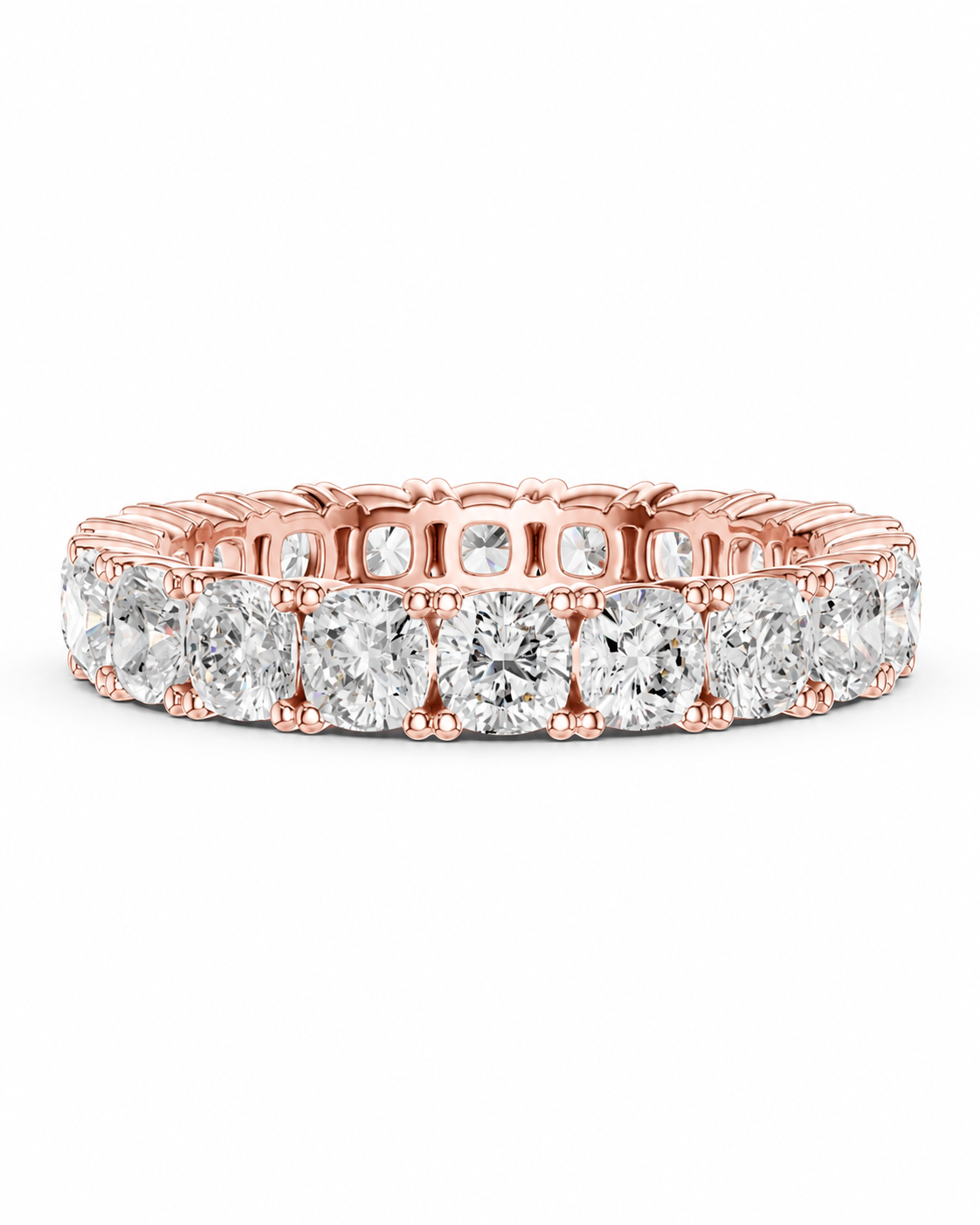 color_10K_RG, color_14K_RG &&A rose gold eternity ring featuring a continuous row of round brilliant-cut diamonds set in a polished rose gold band, shown against a solid white background.