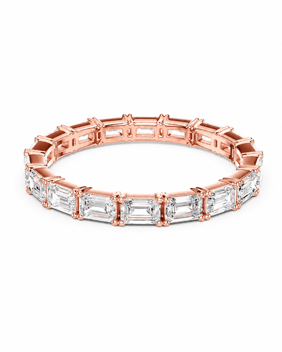 color_10K_RG, color_14K_RG &&A rose gold eternity bracelet featuring baguette-cut clear gemstones in a prong setting, displayed on a clean white background.