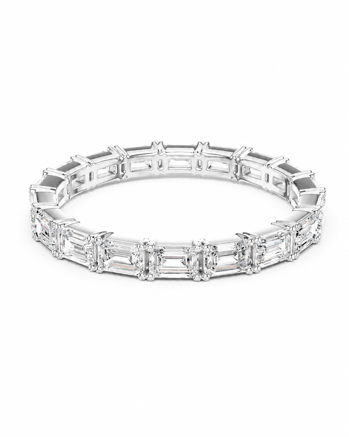 color_925_SIL,color_935_ARG,color_10K_WG, color_14K_WG &&A silver-toned eternity bracelet featuring baguette-cut clear gemstones, displayed against a clean white background.