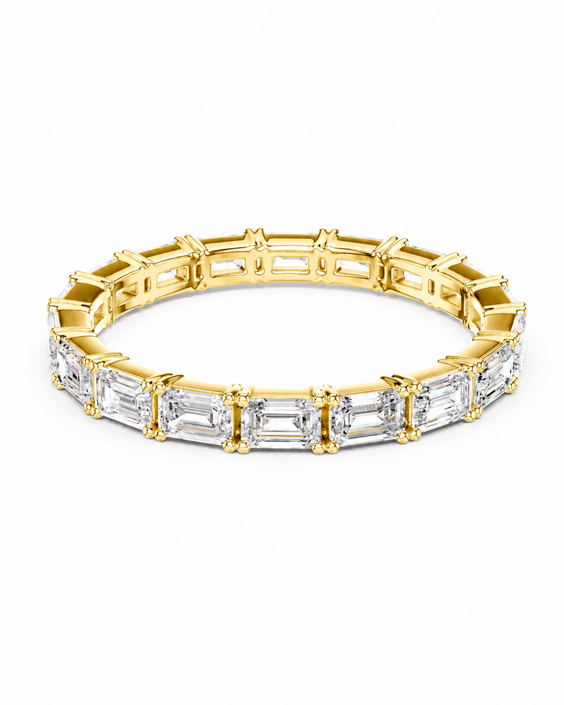 color_10K_YG, color_14K_YG &&A yellow gold eternity-style tennis bracelet featuring baguette-cut clear stones, presented on a clean white background.