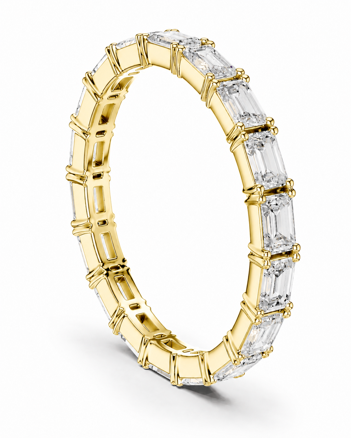 color_10K_YG, color_14K_YG &&A yellow gold eternity ring featuring a continuous row of baguette-cut clear gemstones, shown on a clean white background.