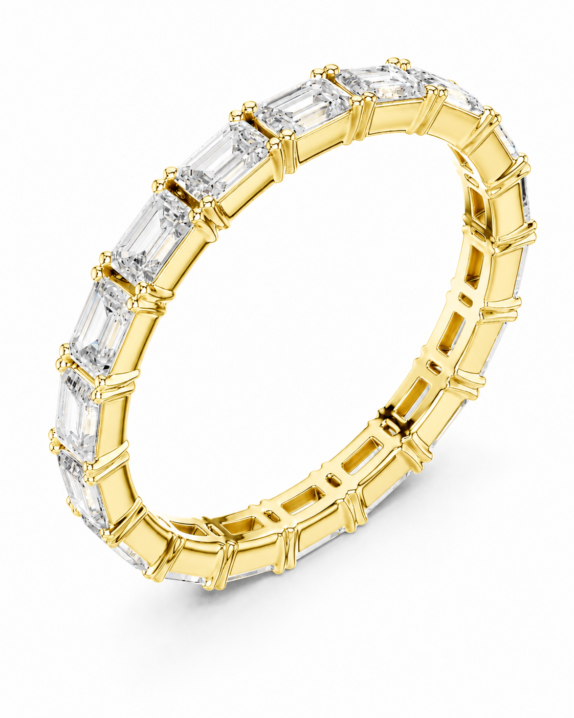 color_10K_YG, color_14K_YG &&A yellow gold eternity ring featuring a continuous row of baguette-cut clear gemstones in a prong setting, shown on a clean white background.
