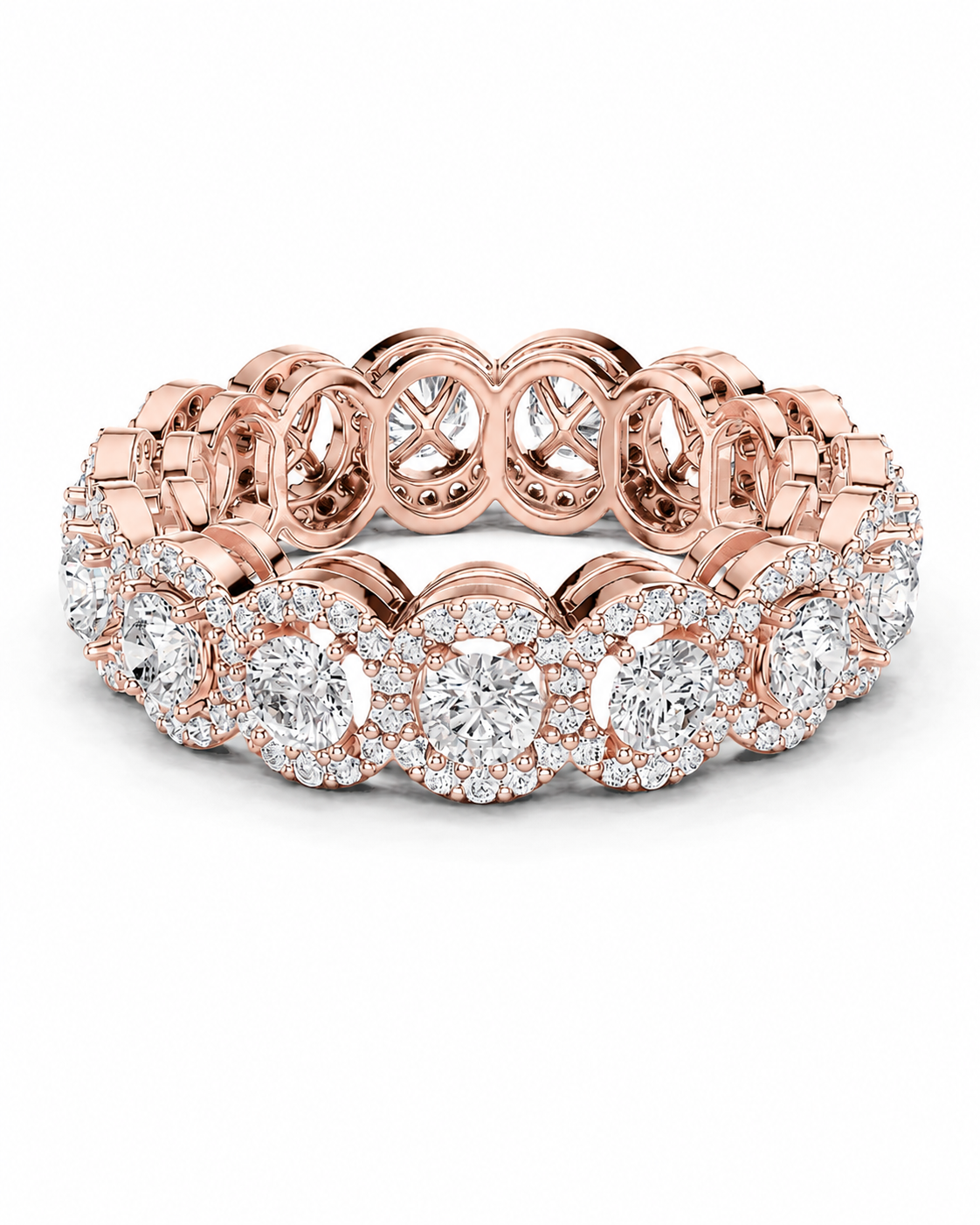 color_10K_RG, color_14K_RG &&A rose gold eternity band featuring a continuous row of round-cut diamonds in halo settings, shown on a clean white background.