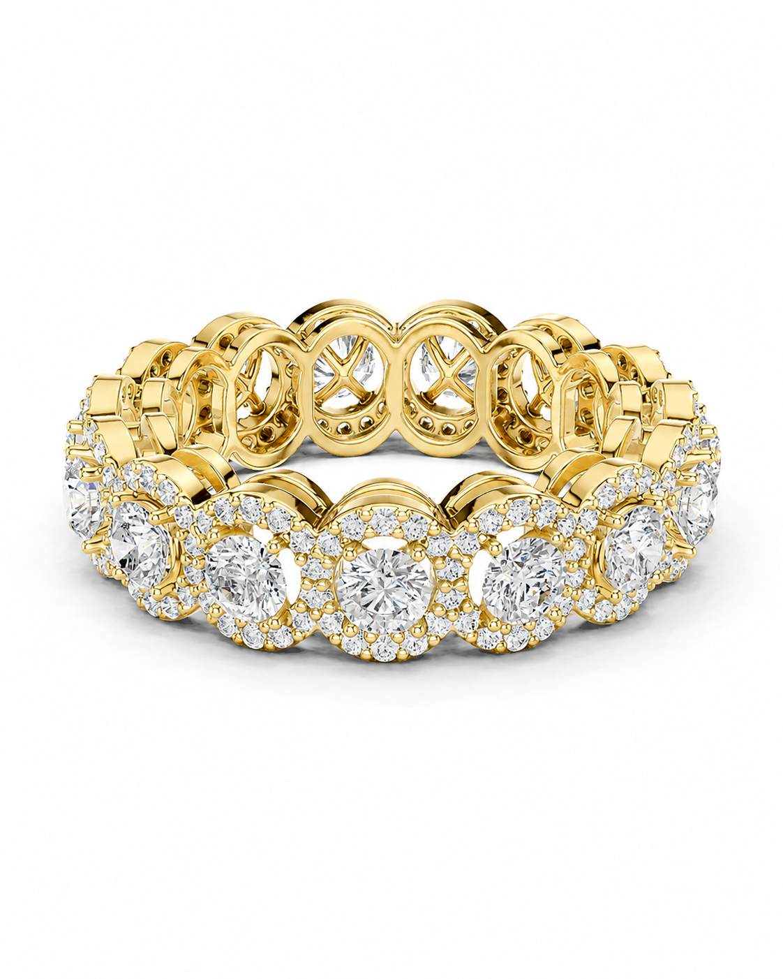color_10K_YG, color_14K_YG &&A yellow gold eternity-style ring featuring a continuous row of round-cut diamonds in halo settings, shown on a clean white background.