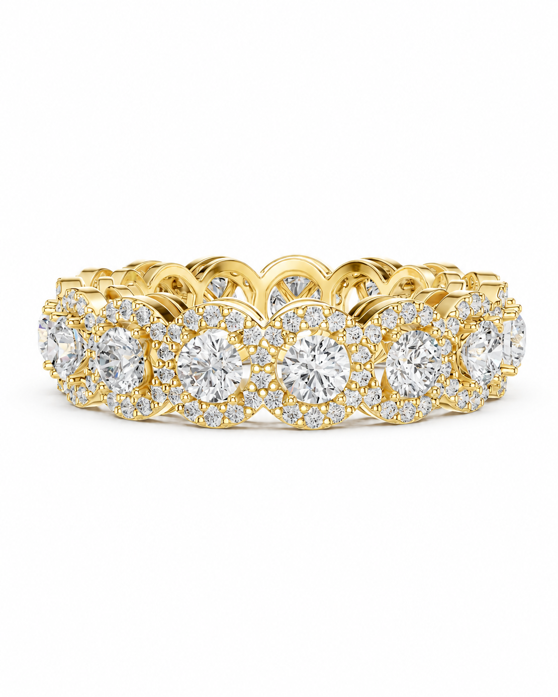 color_10K_YG, color_14K_YG &&A yellow gold eternity band ring set with round brilliant-cut diamonds and halo accents, shown on a clean white background.