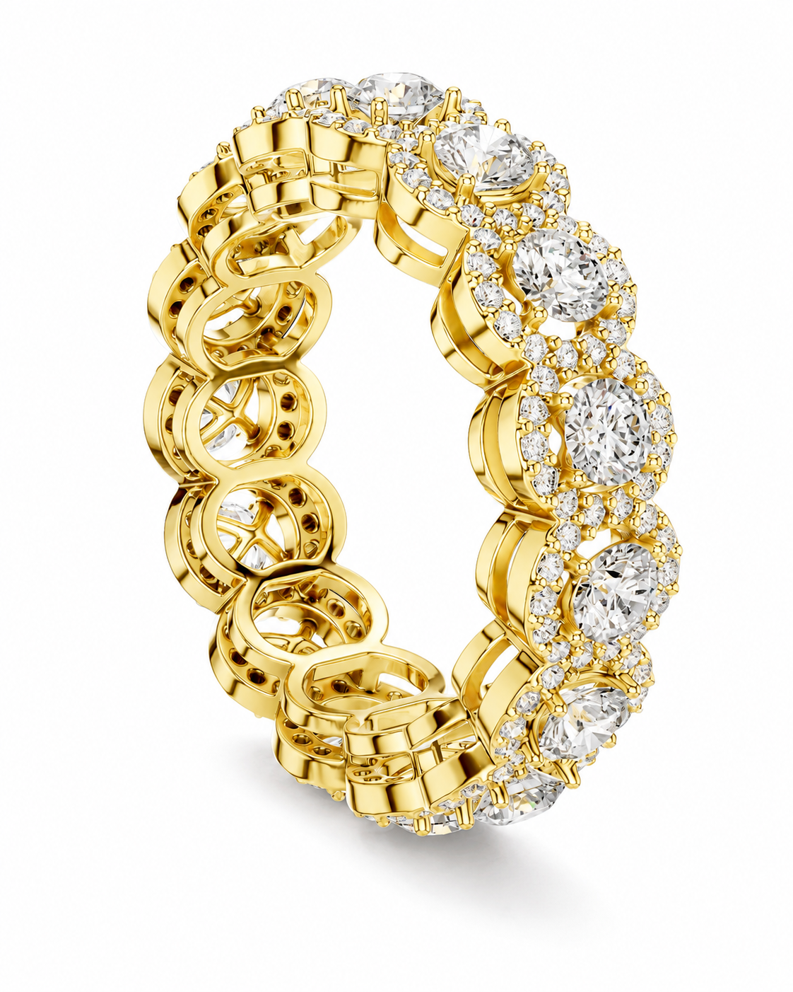 color_10K_YG, color_14K_YG &&A yellow gold eternity-style ring featuring alternating sections of large round clear stones surrounded by small accent stones, photographed on a clean white background.