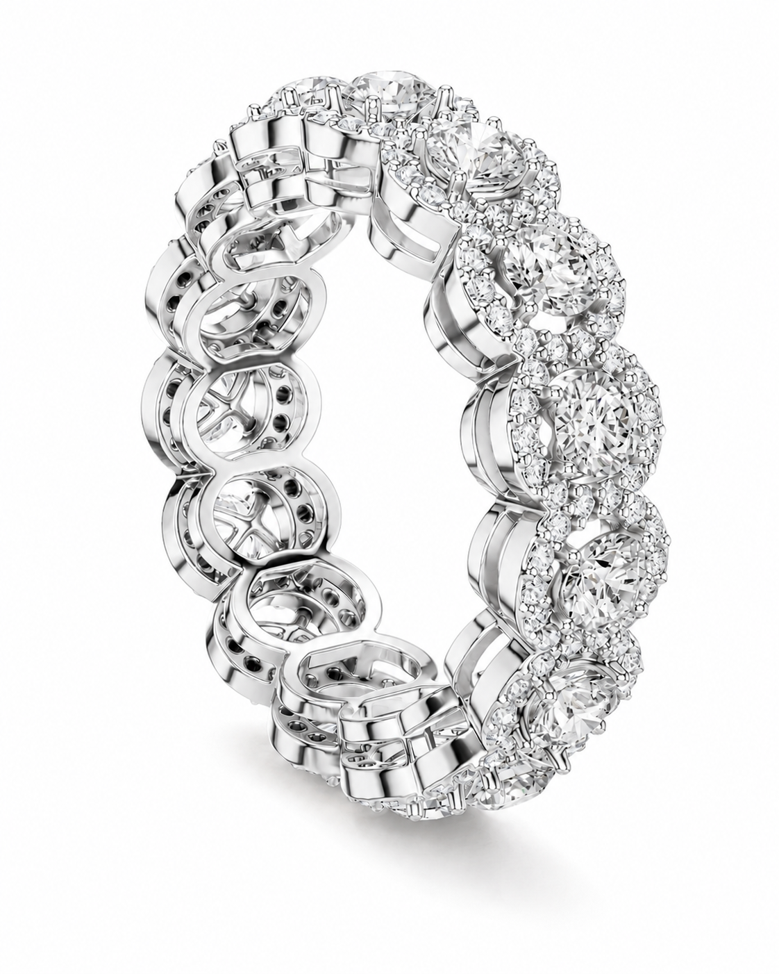 color_925_SIL,color_935_ARG,color_10K_WG, color_14K_WG &&A close-up studio shot of a silver-toned eternity ring featuring round brilliant-cut diamonds and halo settings, set against a clean white background.