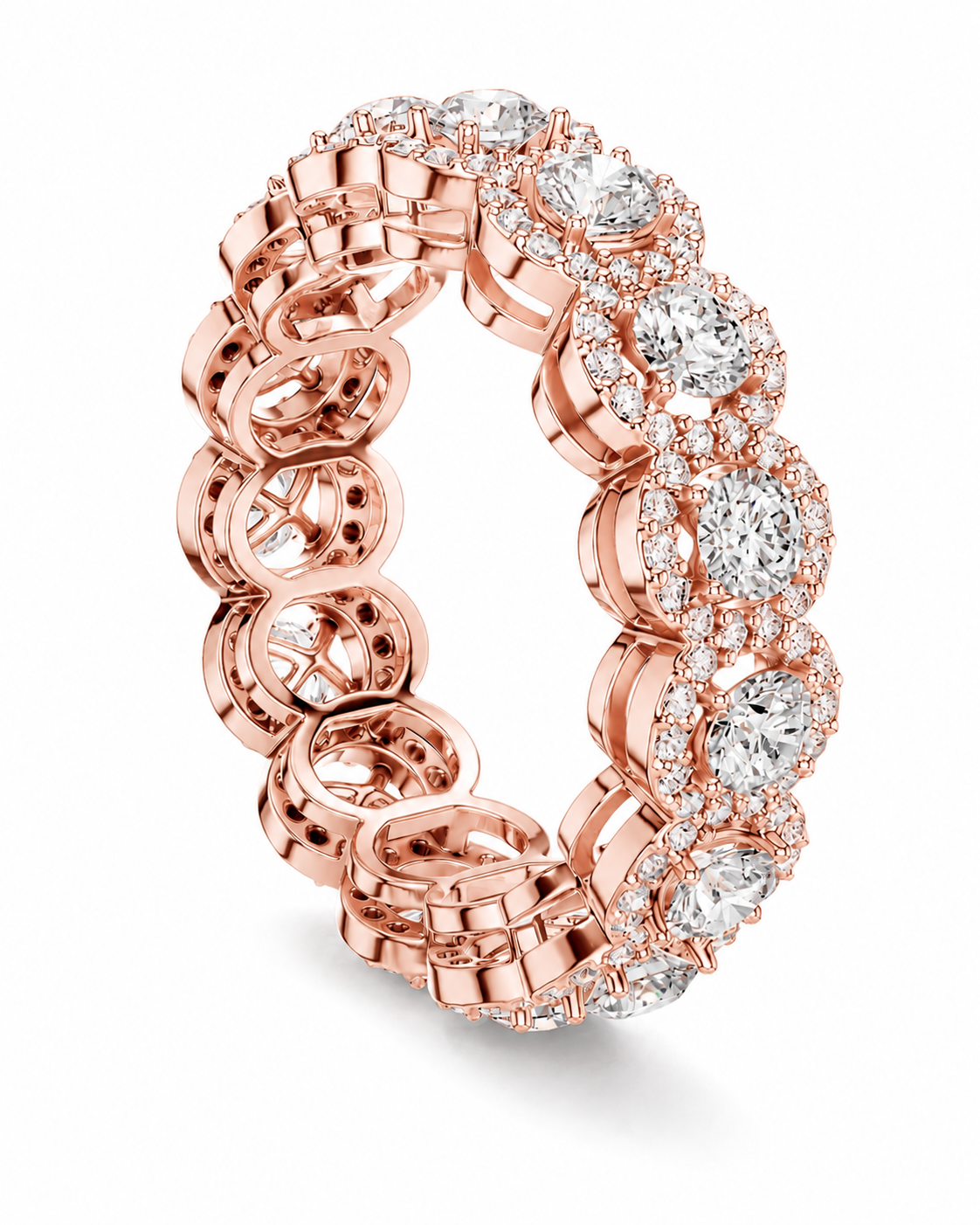 color_10K_RG, color_14K_RG &&A rose gold eternity ring featuring a continuous row of round-cut diamonds in halo settings, shown on a clean white background.
