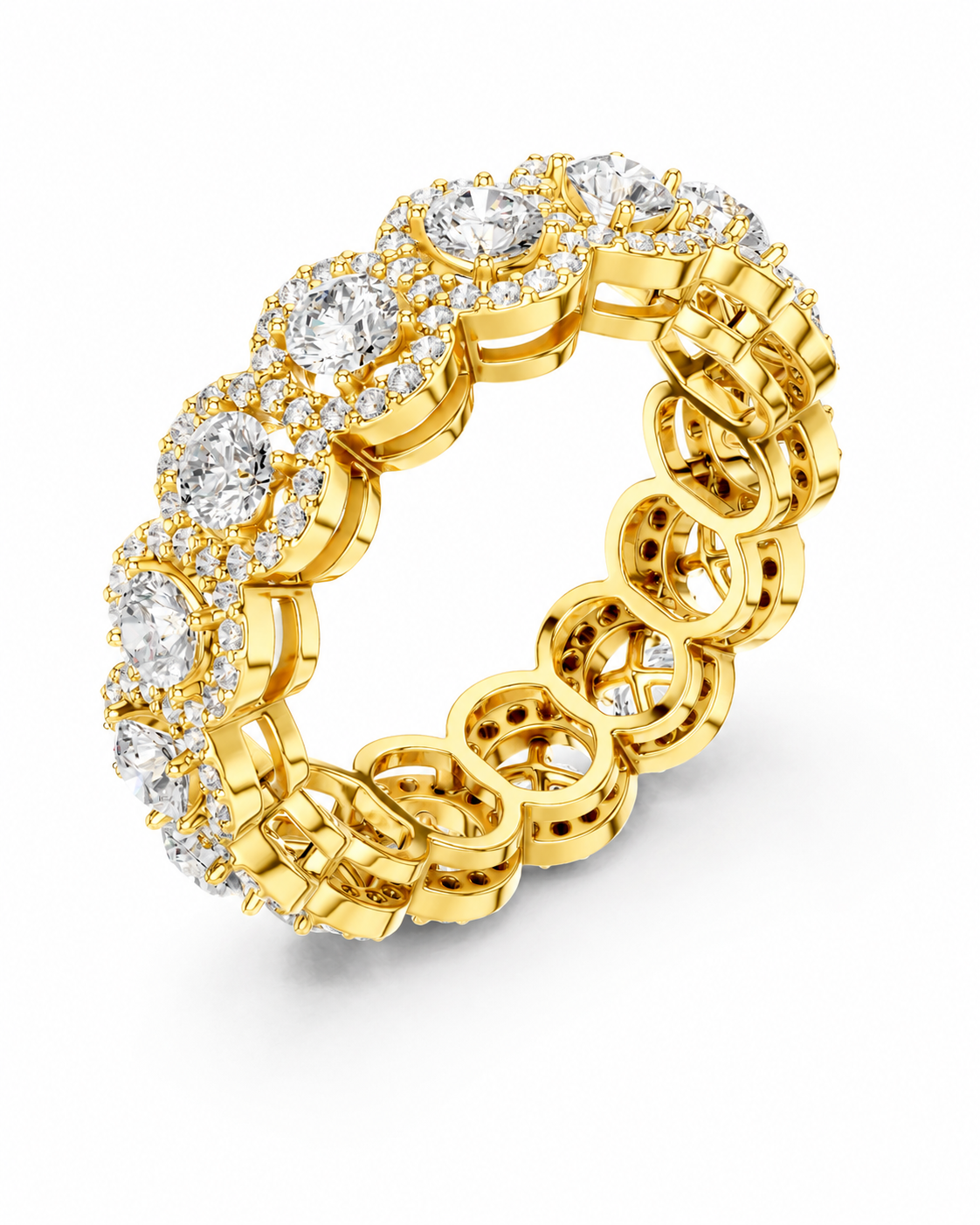 color_10K_YG, color_14K_YG &&A yellow gold eternity ring featuring a continuous row of round-cut diamonds in halo settings and a matching inner row of smaller diamonds, shown on a clean white background.
