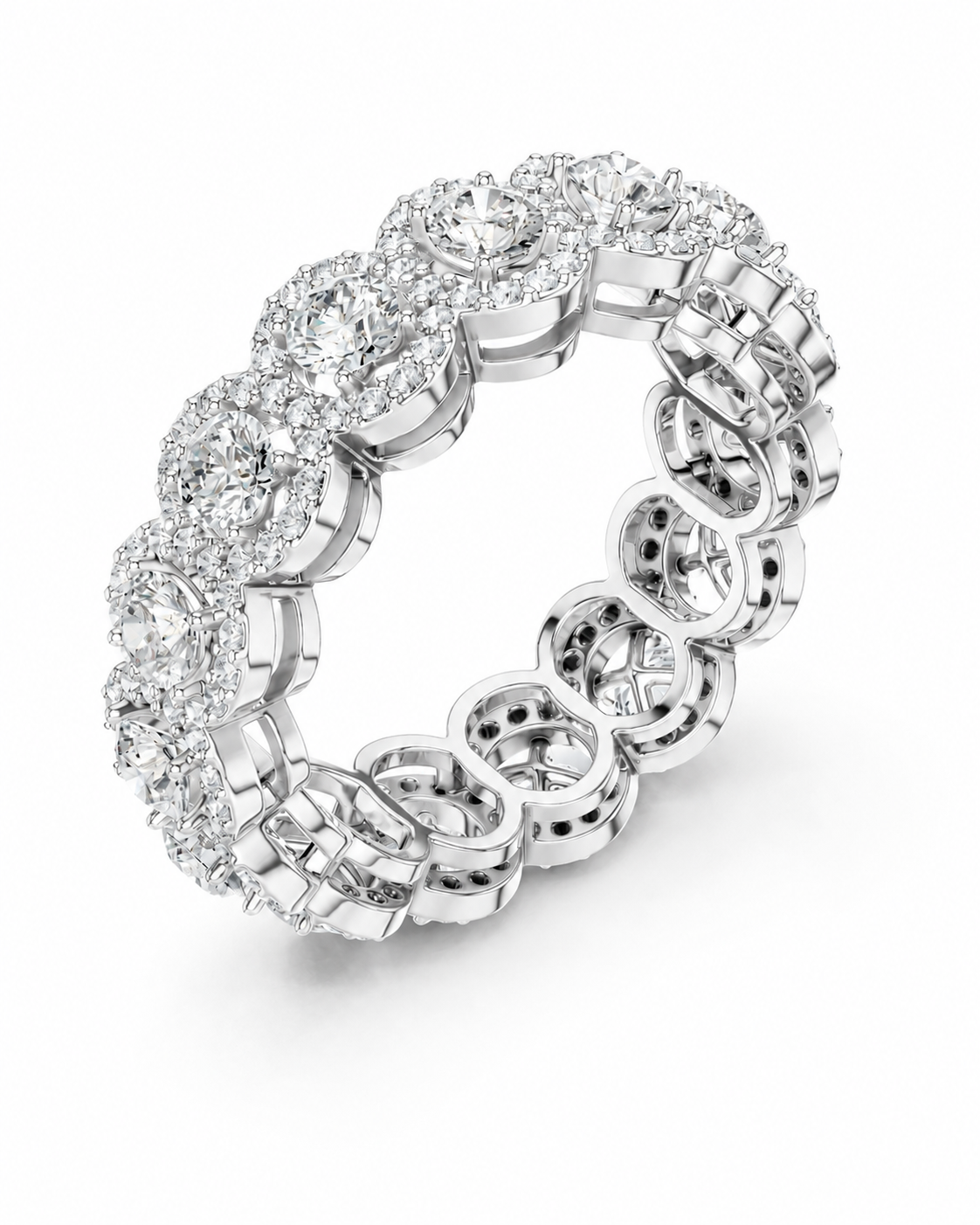 color_925_SIL,color_935_ARG,color_10K_WG, color_14K_WG &&A diamond eternity ring in a silver-toned metal setting, featuring a continuous line of round-cut diamonds on a clean white background.