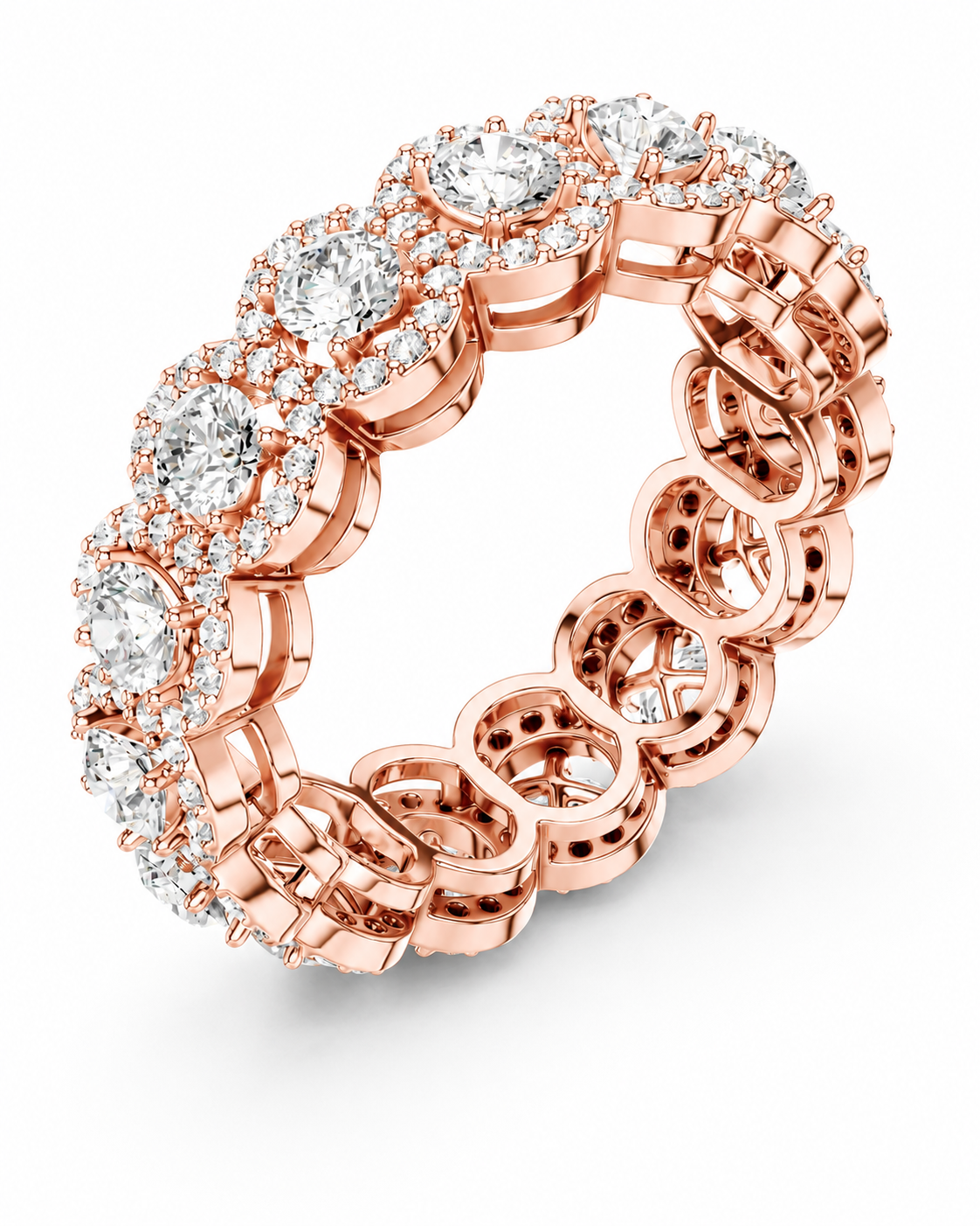 color_10K_RG, color_14K_RG &&A rose gold eternity ring featuring a continuous row of round-cut diamonds in halo settings and linked oval shapes, shown on a clean white background.