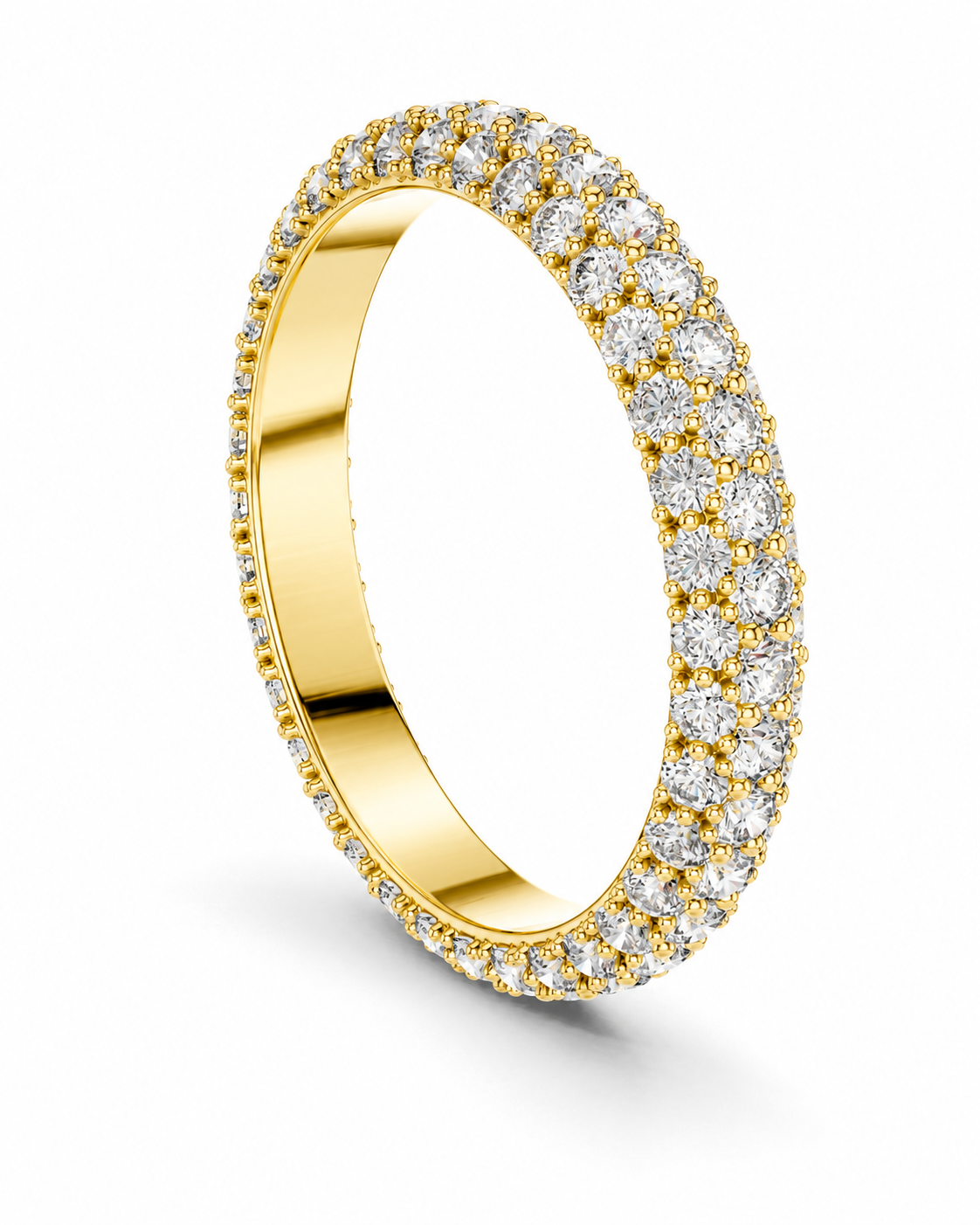 color_10K_YG, color_14K_YG &&A yellow gold eternity ring paved with round brilliant-cut diamonds, shown at an angle on a clean white background.