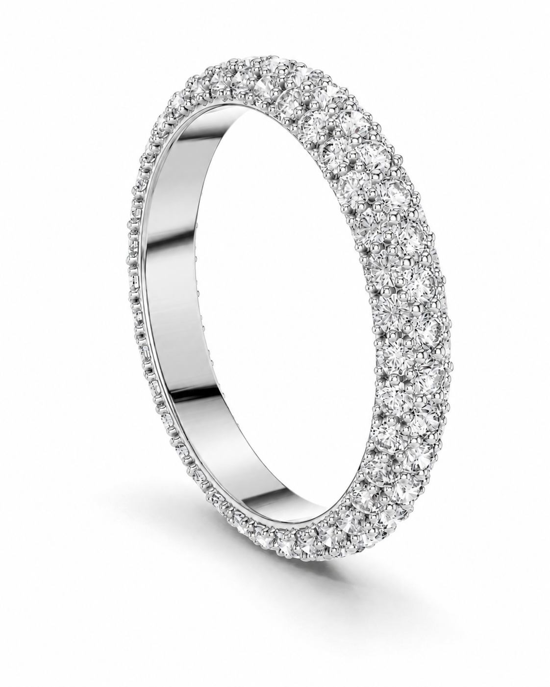 color_925_SIL,color_935_ARG,color_10K_WG, color_14K_WG &&A silver-tone diamond eternity ring with a continuous row of round-cut diamonds on a clean white background.