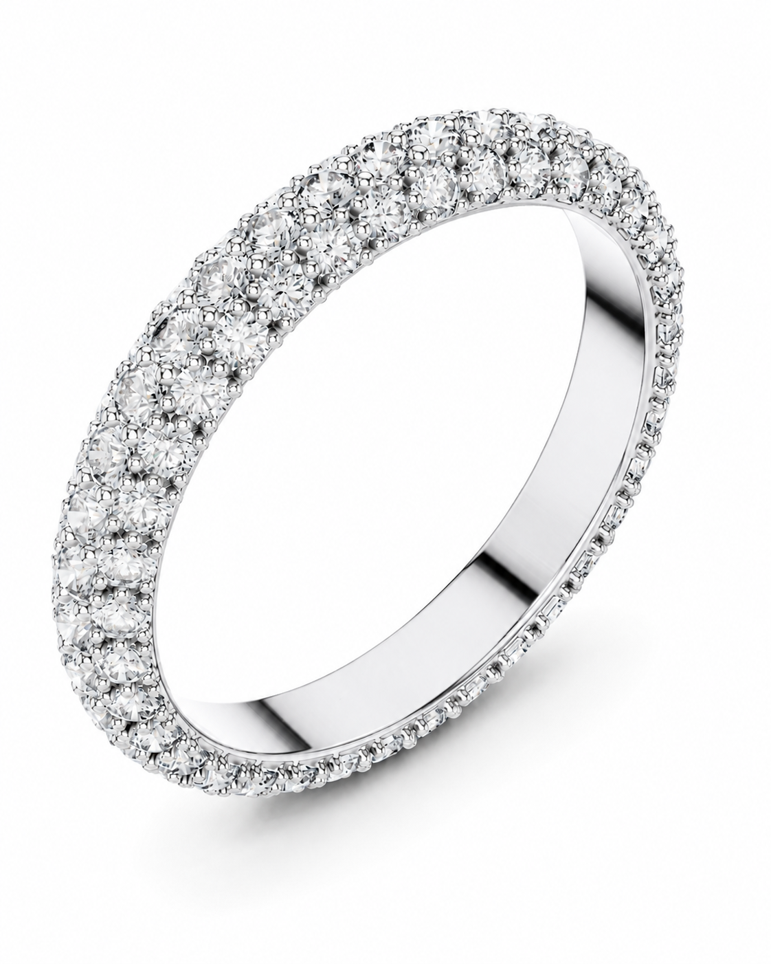 color_925_SIL,color_935_ARG,color_10K_WG, color_14K_WG &&A silver-tone diamond eternity ring with a double row of round-cut diamonds, photographed on a clean white background.
