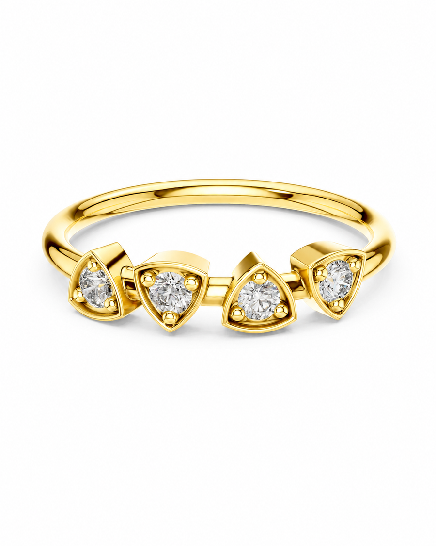 color_10K_YG, color_14K_YG &&A yellow gold ring featuring three triangular bezel settings with clear gemstones, shown on a plain white background.