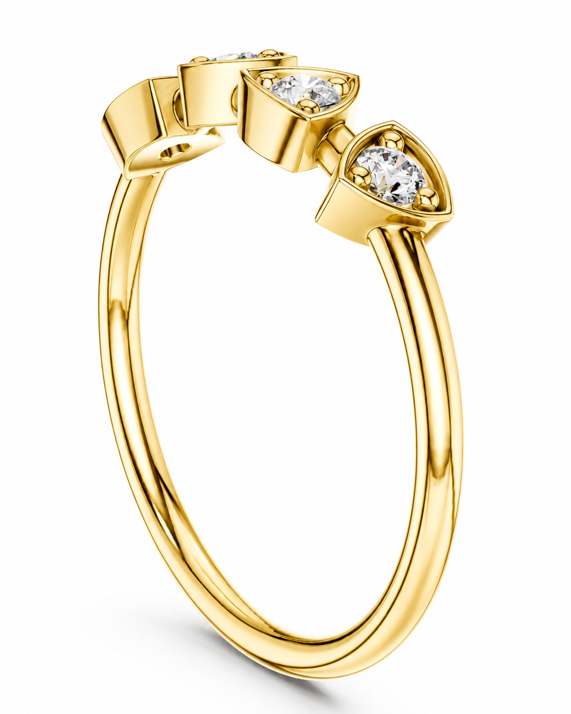 color_10K_YG, color_14K_YG &&A yellow gold ring featuring three marquise-cut clear gemstones in a row, set in a polished gold band, shown on a white background.