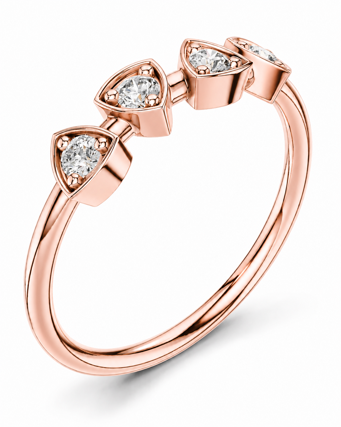 color_10K_RG, color_14K_RG &&A rose gold ring featuring three triangular bezel-set clear gemstones on a polished band, shown on a clean white background.