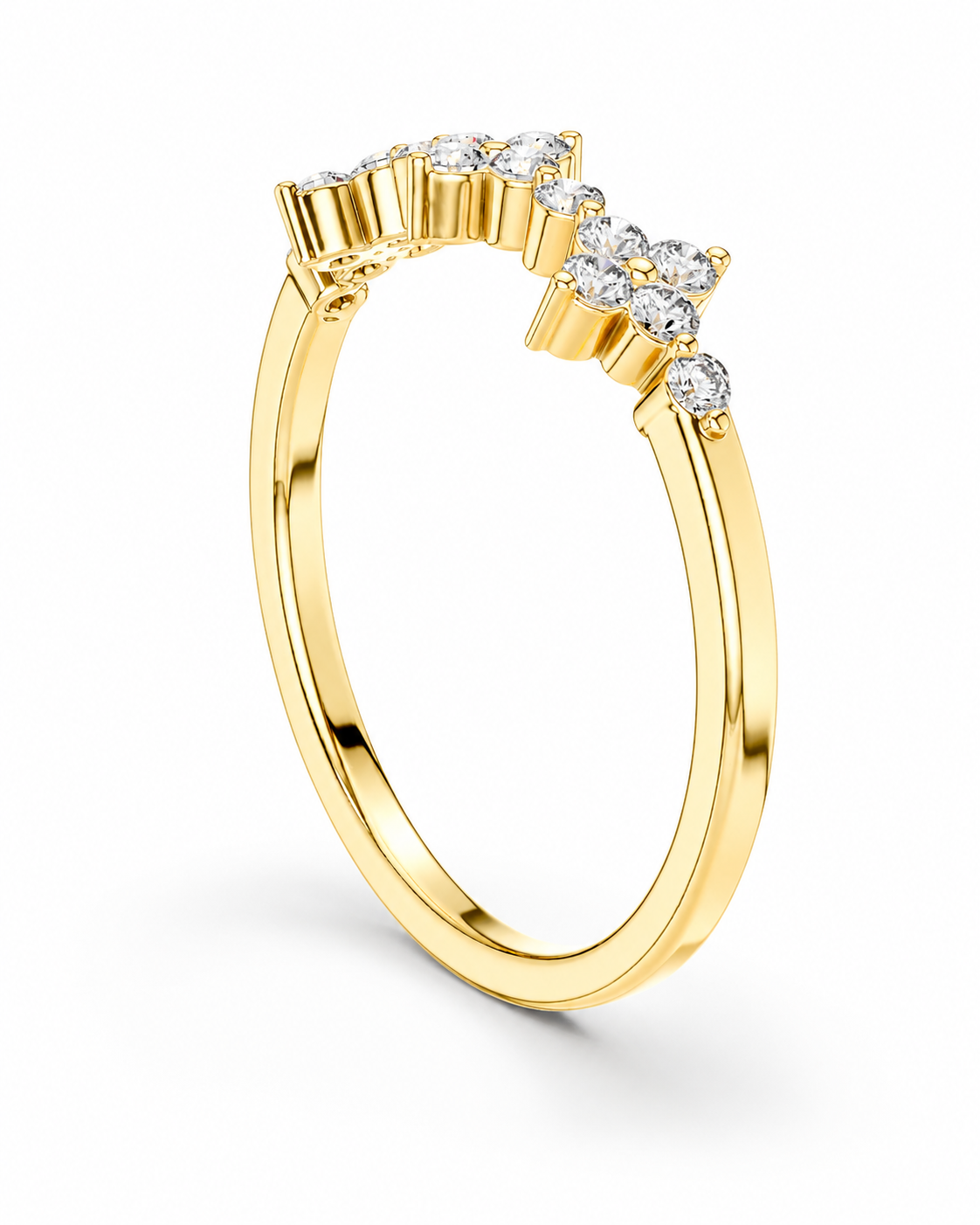 color_10K_YG, color_14K_YG &&A yellow gold ring featuring three small clusters of clear round-cut gemstones along the top curve, shown on a clean white background.