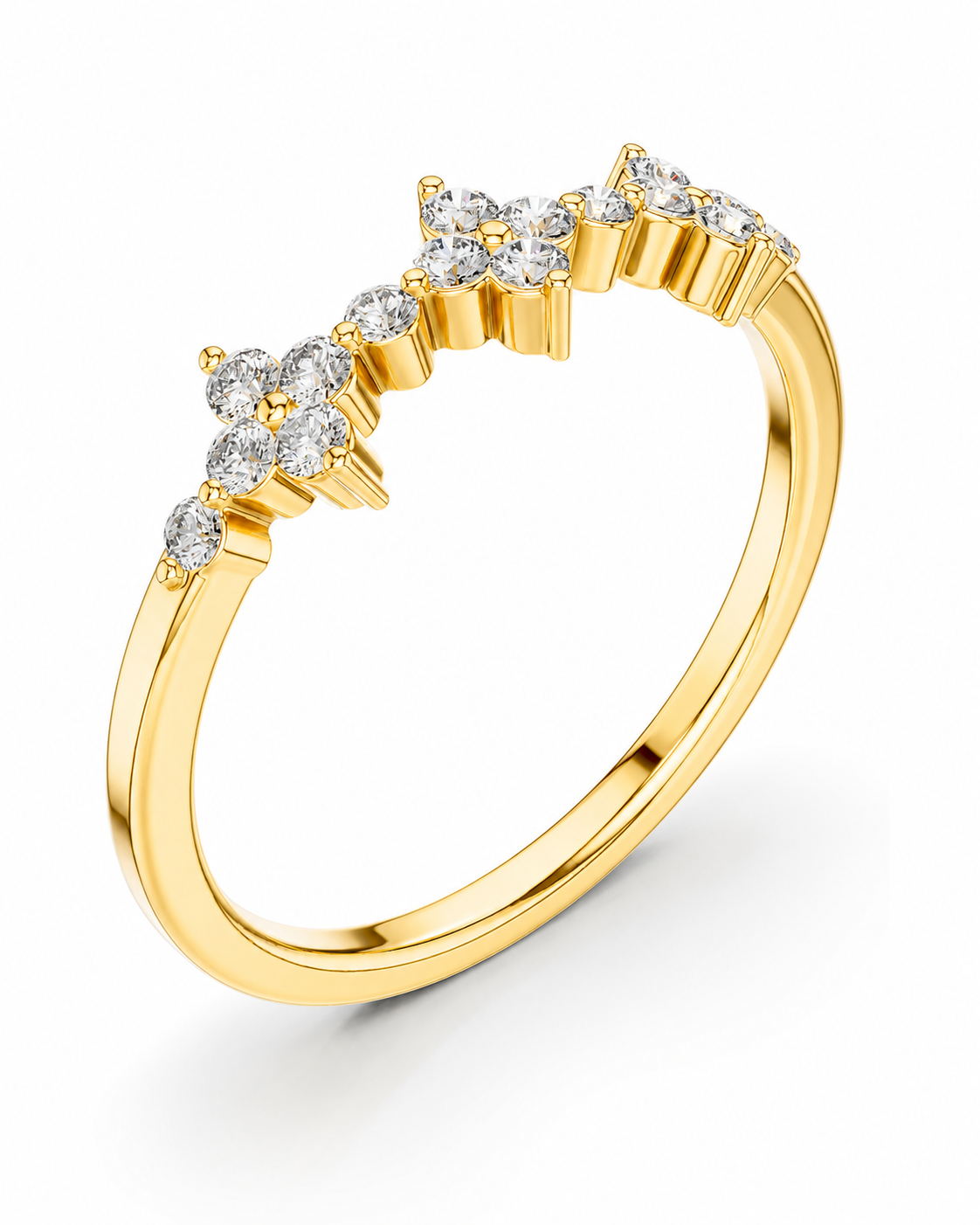 color_10K_YG, color_14K_YG &&A yellow gold ring featuring a series of small diamond clusters set along the top curve, shown on a clean white background.