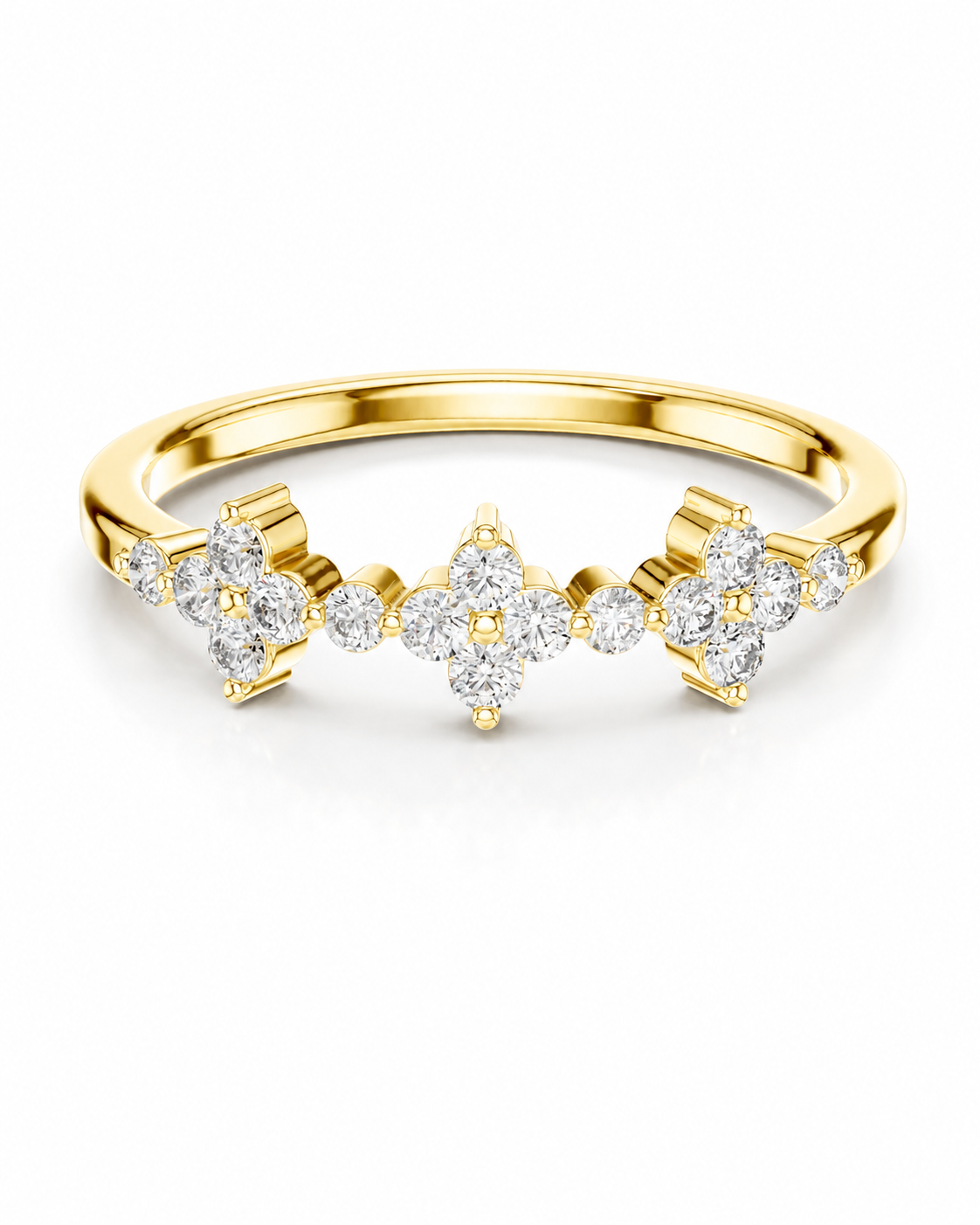 color_10K_YG, color_14K_YG &&A yellow gold ring featuring three floral clusters of clear round-cut gemstones on a white background.