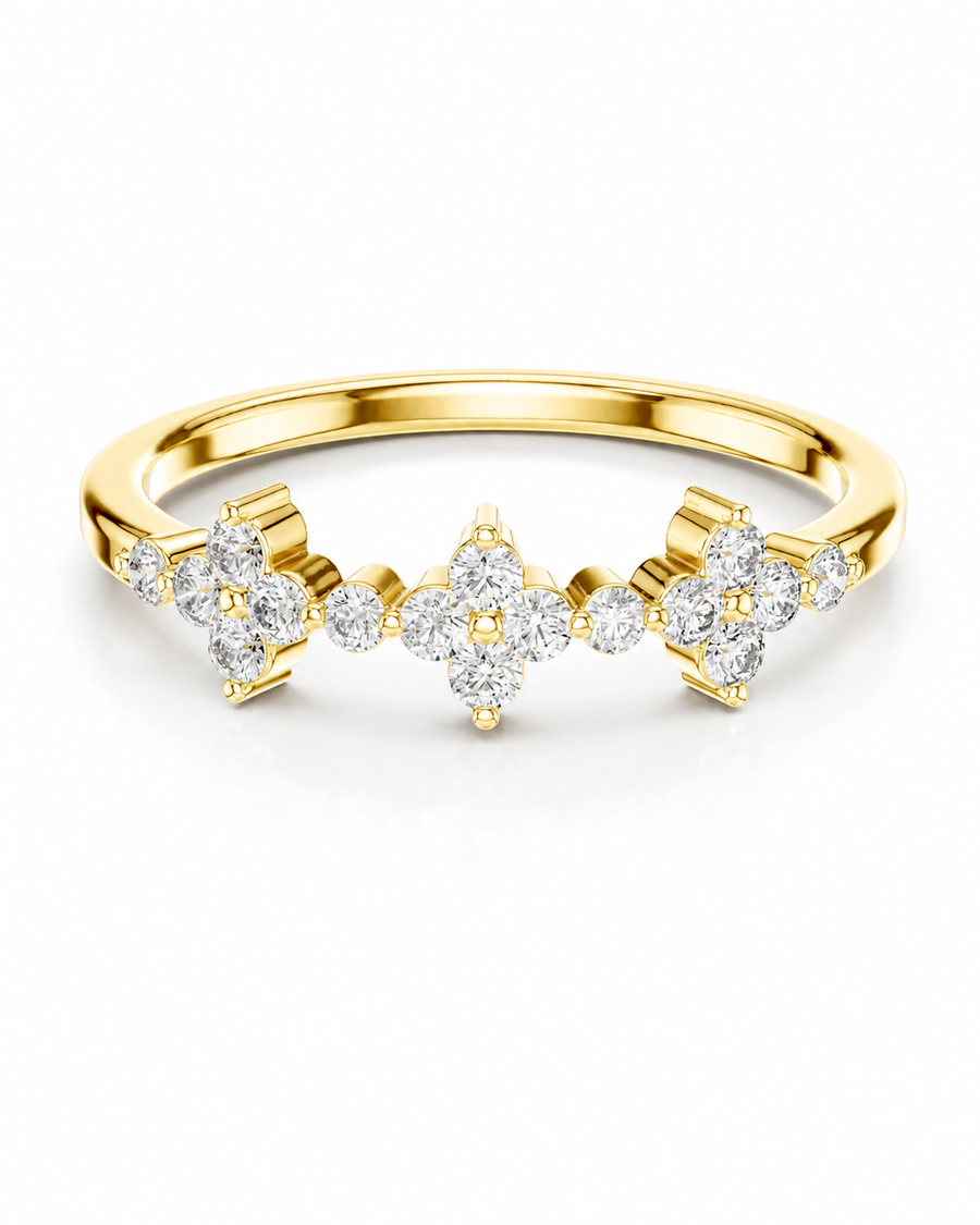 color_10K_YG, color_14K_YG &&A yellow gold ring featuring three floral clusters of clear round-cut gemstones on a white background.
