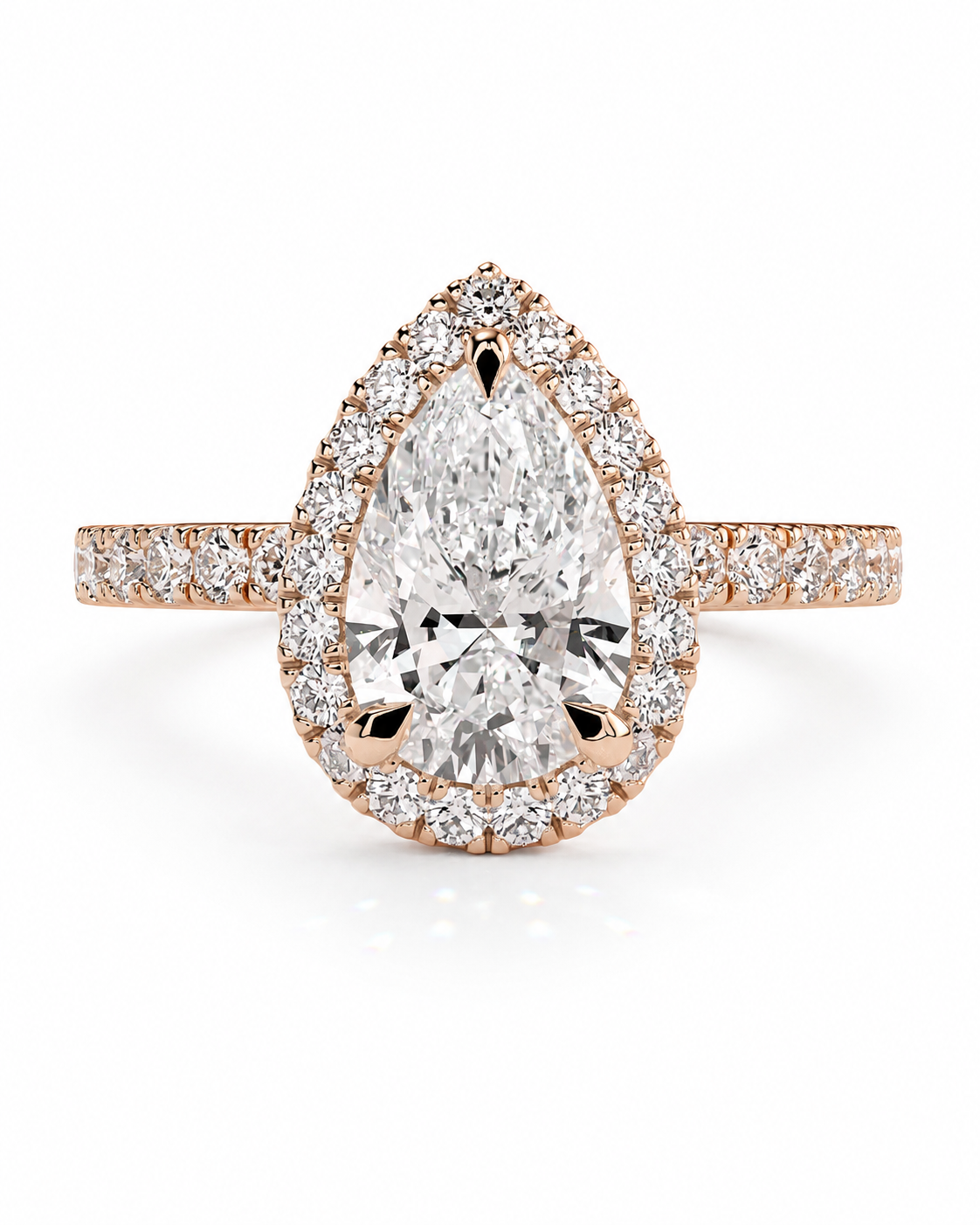 color_10K_RG, color_14K_RG &&A pear-shaped diamond engagement ring in rose gold with a halo and pavé band, set against a clean white background.