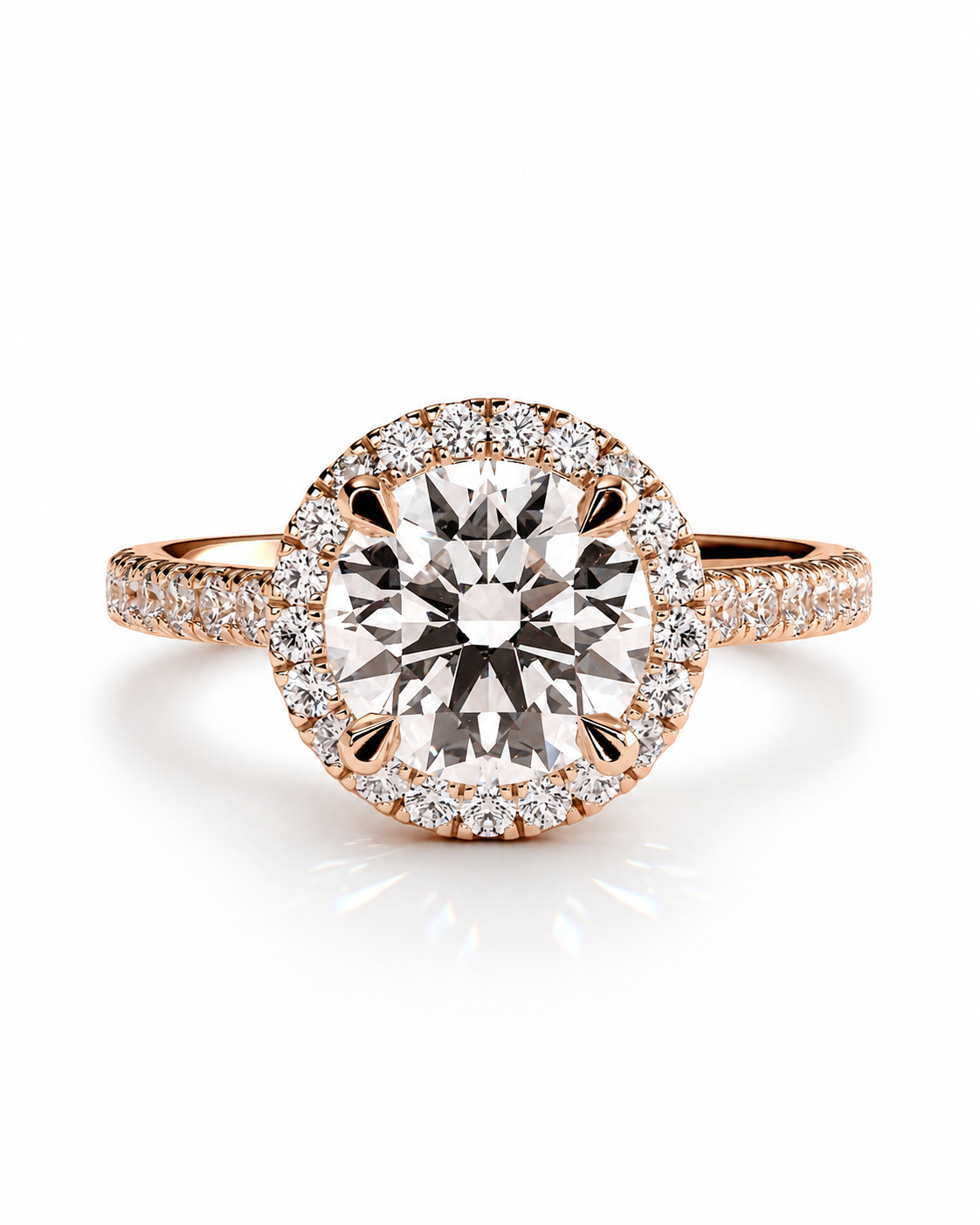 color_10K_RG, color_14K_RG &&A rose gold halo engagement ring featuring a large round brilliant-cut center stone surrounded by a double halo of smaller round stones, with a pavé-set band, shown on a clean white background.
