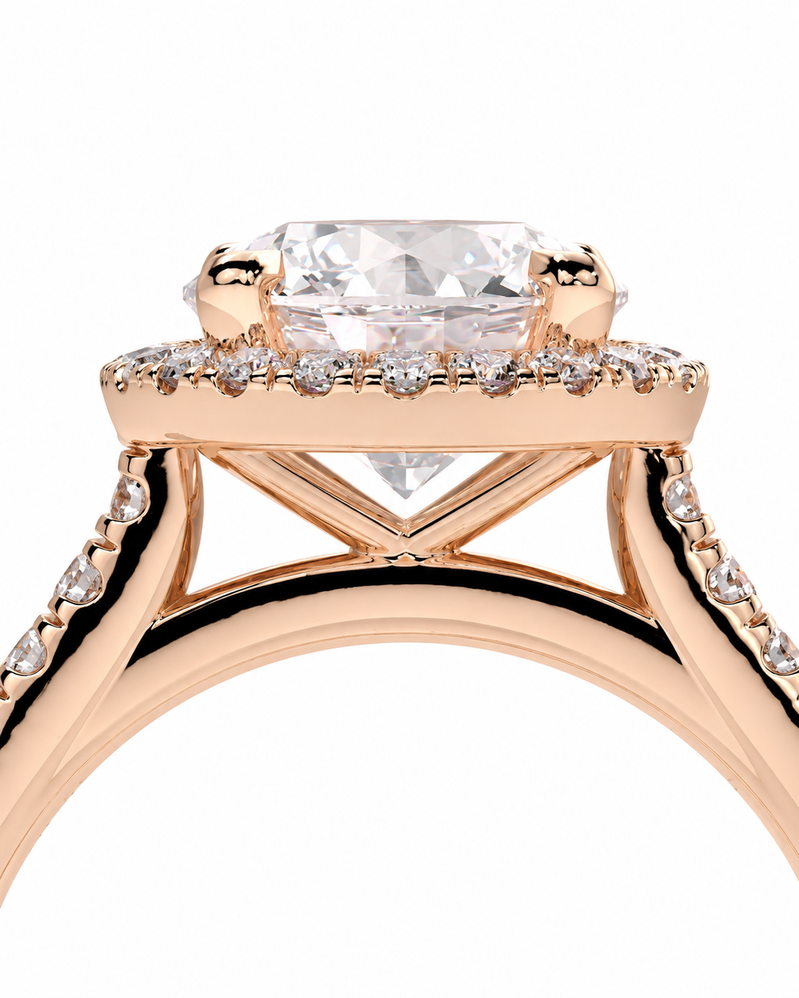 color_10K_RG, color_14K_RG &&Rose gold engagement ring with a large round brilliant-cut center stone and a halo of small pavé-set stones, shown in a close-up studio shot on a white background.