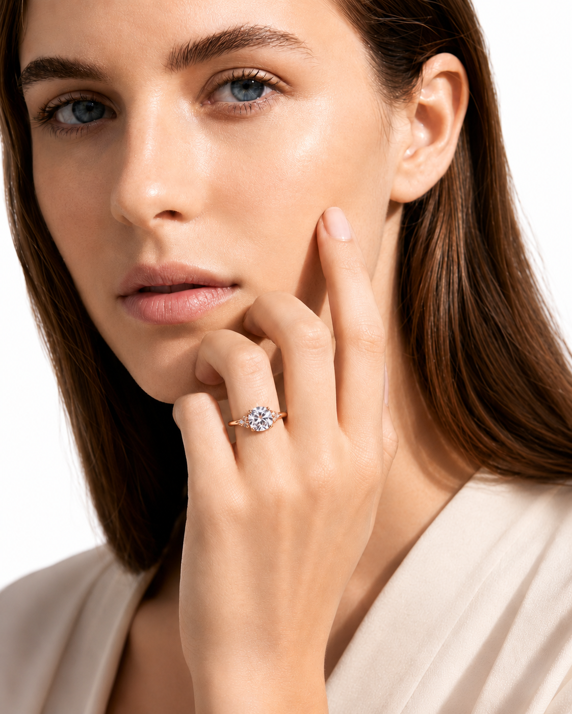 color_10K_RG, color_14K_RG &&A close-up lifestyle shot of a woman with brown hair and blue eyes wearing a delicate gold ring with a round-cut clear gemstone on her finger, set against a clean white background.