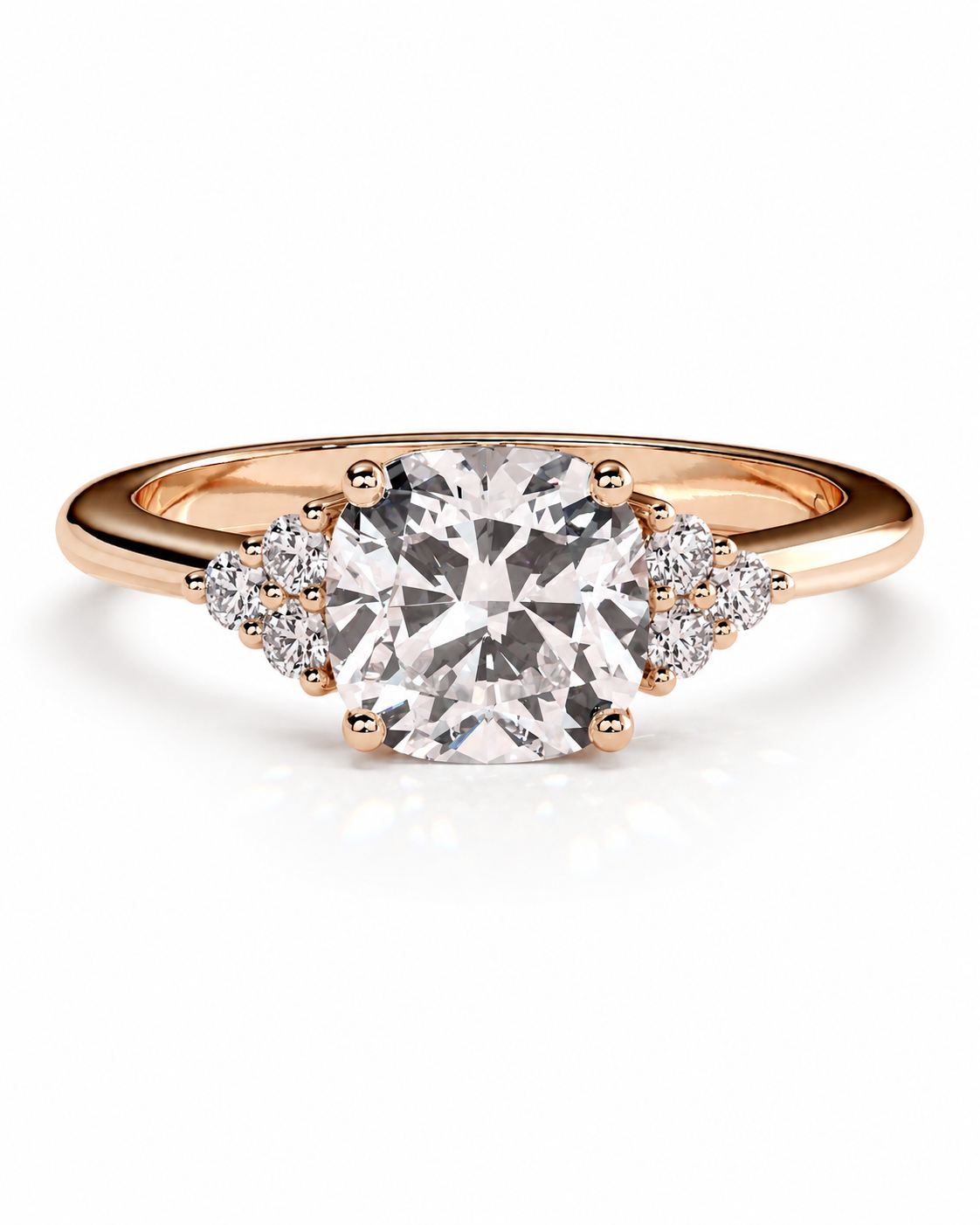 color_10K_RG, color_14K_RG &&A rose gold diamond ring with a large round-cut center stone and smaller side stones, shown on a clean white background.