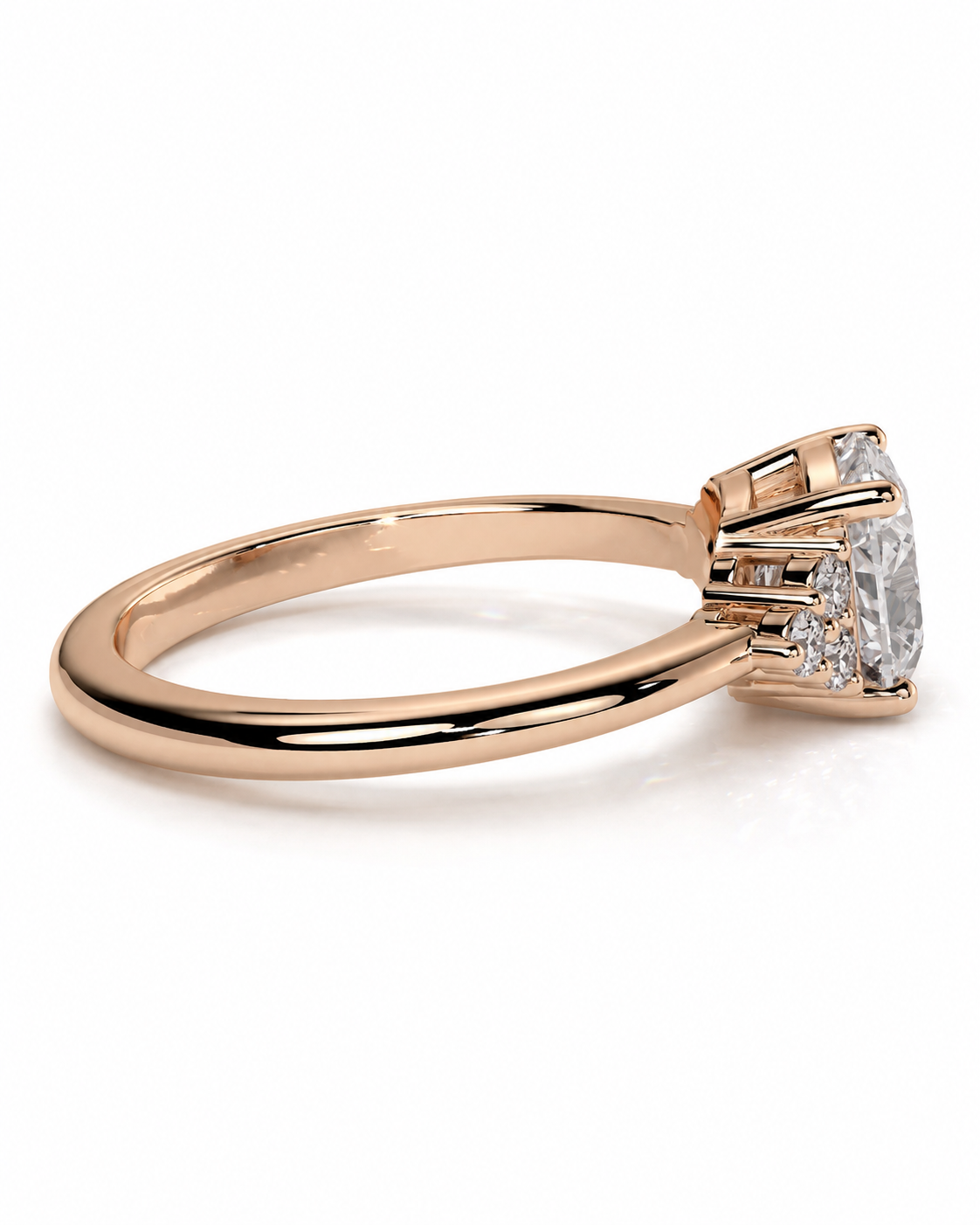 color_10K_RG, color_14K_RG &&A rose gold engagement ring featuring a large cushion-cut diamond center stone and smaller side diamonds, shown in a three-quarter view on a white background.
