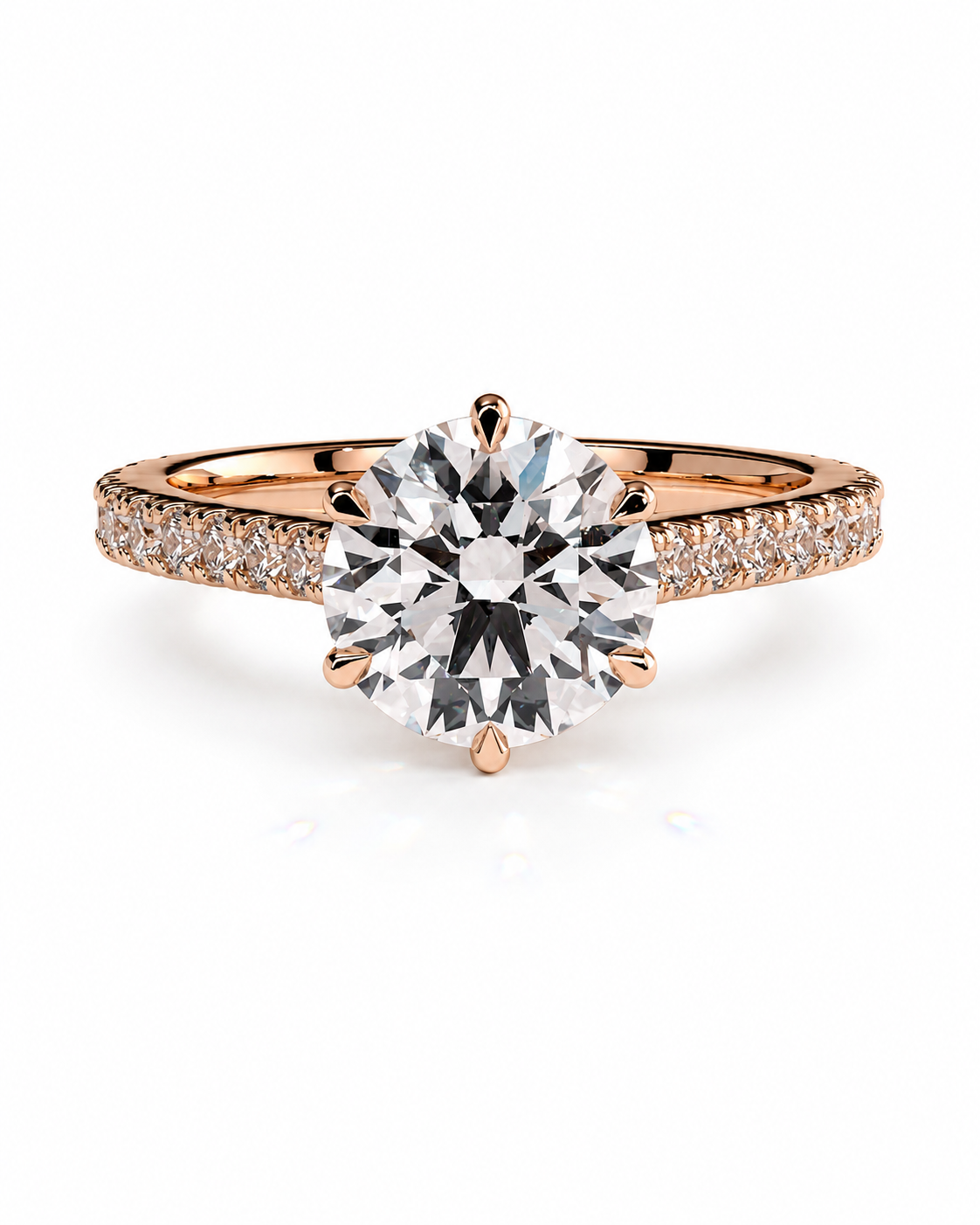 color_10K_RG, color_14K_RG &&A rose gold engagement ring featuring a large round-cut center stone in a six-prong setting, with a pavé band set with small round stones, shown on a clean white background.