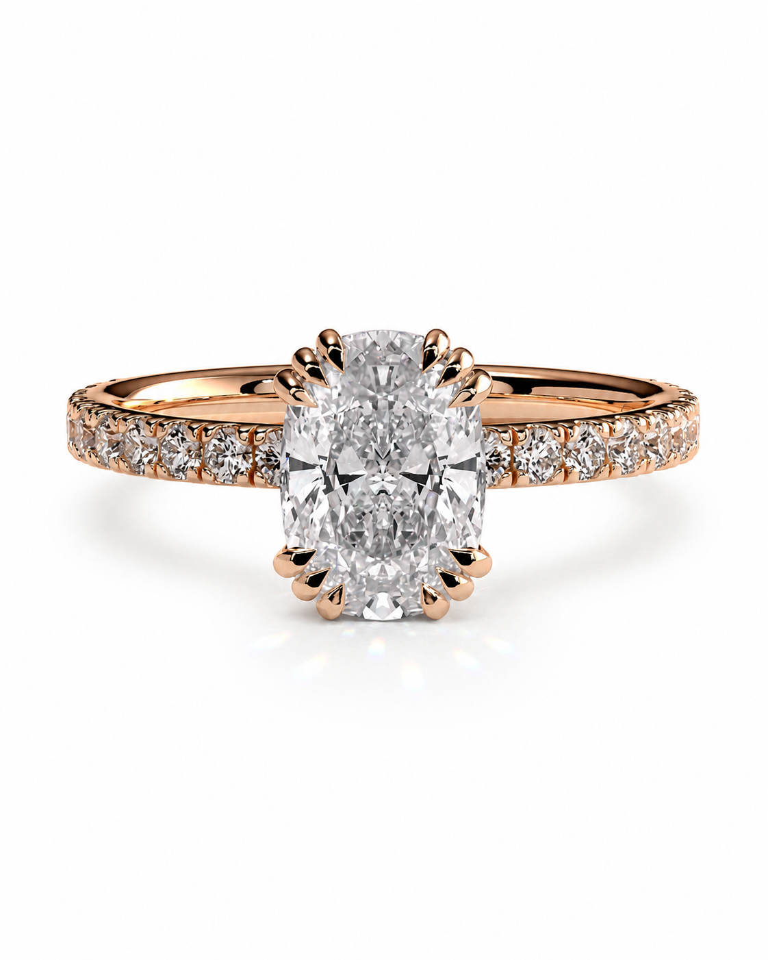 color_10K_RG, color_14K_RG &&An oval-cut diamond engagement ring in rose gold, featuring a prong setting with a halo design and a pavé band, shown on a clean white background.