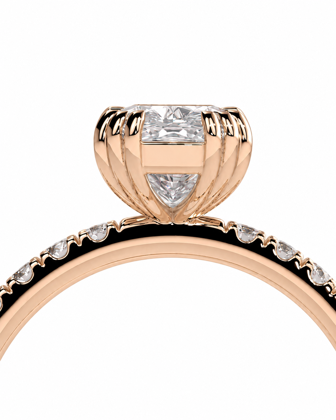 color_10K_RG, color_14K_RG &&Rose gold ring with a large square-cut clear center stone and smaller accent stones along the band, shown on a white background.
