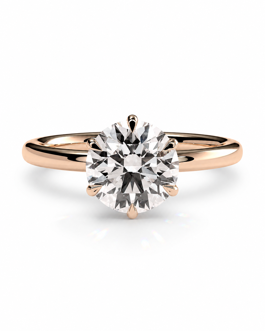 color_10K_RG, color_14K_RG &&A round-cut diamond solitaire engagement ring in a rose gold band, shown on a clean white background with a soft reflection.