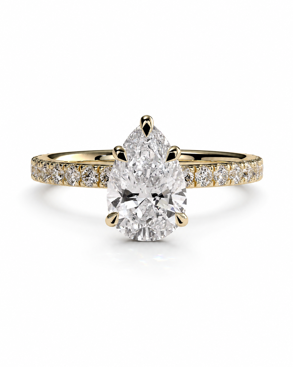 color_10K_YG, color_14K_YG &&A yellow gold ring featuring a pear-cut diamond center stone and a pavé band set with small round diamonds, shown on a clean white background.