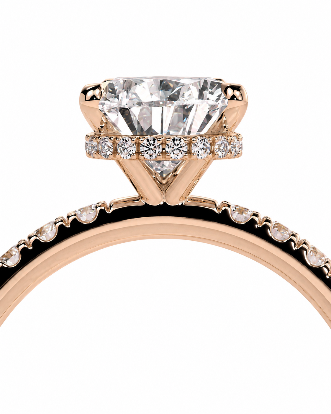 color_10K_RG, color_14K_RG &&Rose gold diamond ring with a large round-cut center stone and small pavé diamonds along the band, shown on a white background.
