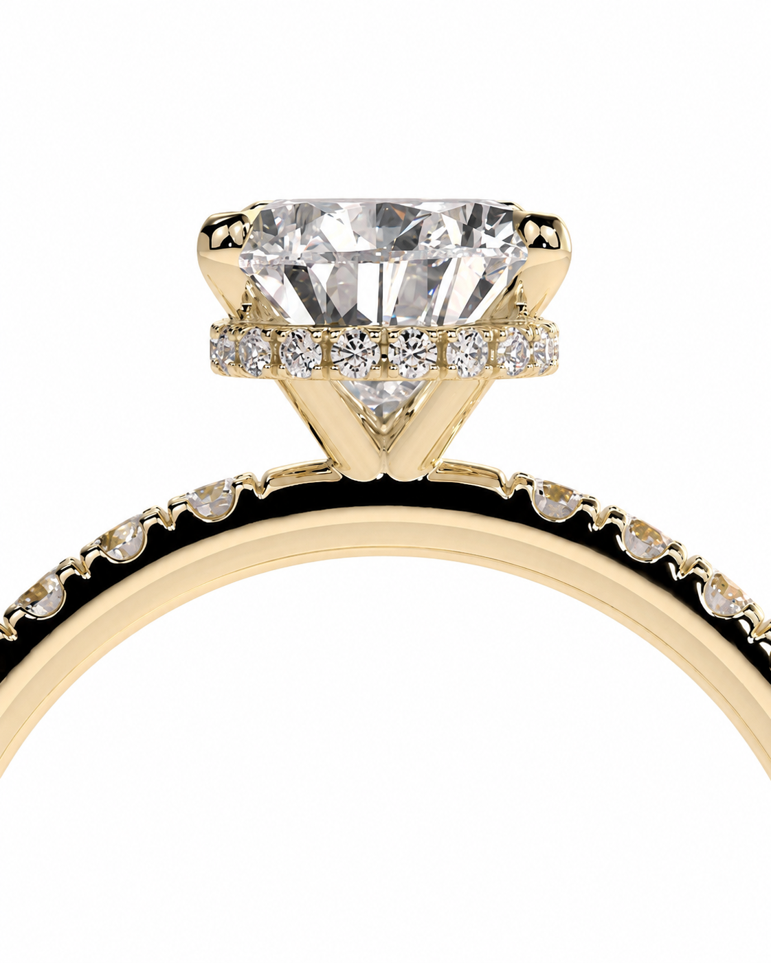 color_10K_YG, color_14K_YG &&A close-up of a yellow gold solitaire engagement ring featuring a large round brilliant-cut diamond center stone and smaller diamonds along the band, set against a plain white background.