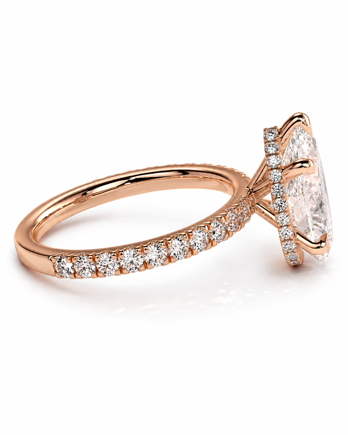 color_10K_RG, color_14K_RG &&Rose gold diamond ring with a marquise-cut center stone and pavé-set diamonds on the band, shown on a clean white background.