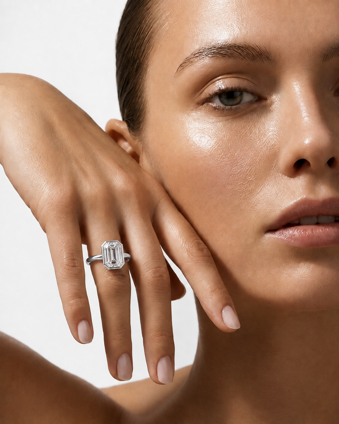 color_925_SIL,color_935_ARG,color_10K_WG, color_14K_WG &&A close-up lifestyle shot of a model wearing a silver ring with a large rectangular emerald-cut diamond. The model's face and hand are shown against a clean, light off-white background.